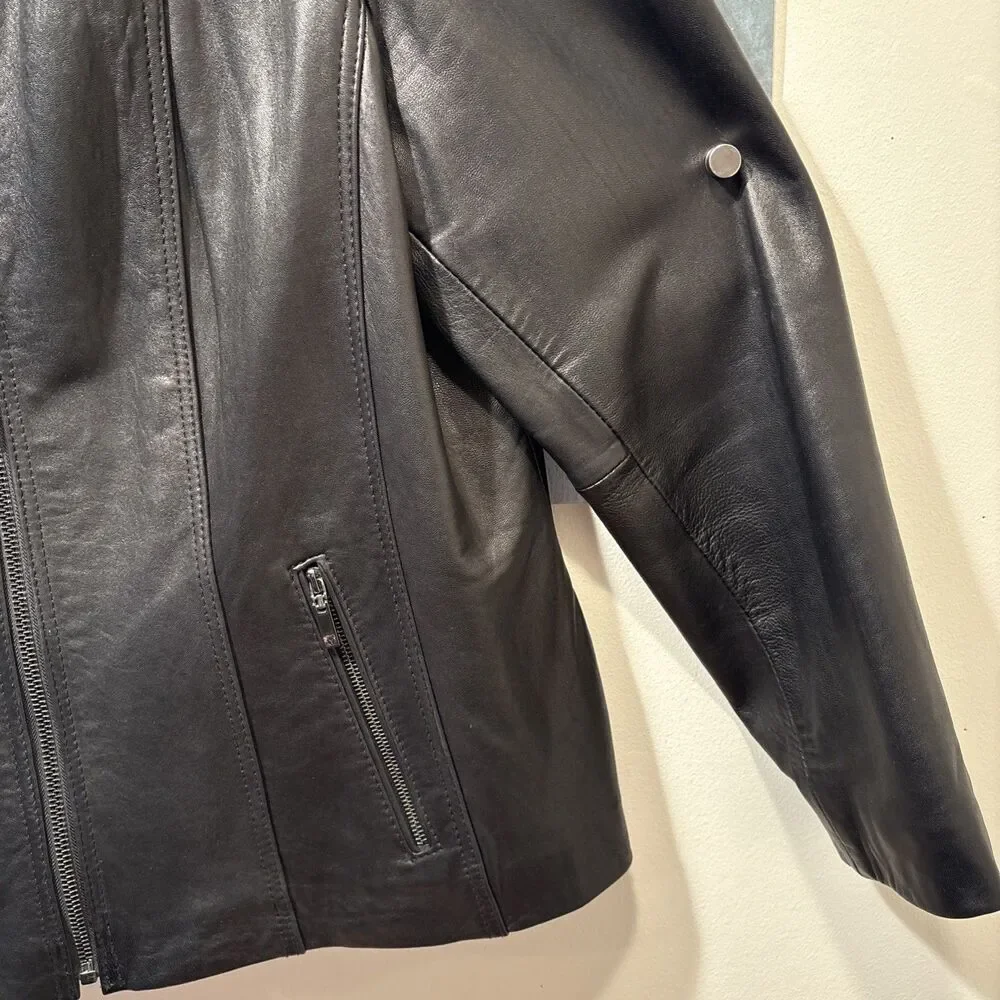 "Anne Klein Coat" Moto Jacket 2X Black 100% Leather Quilted Shoulders Full Zip - Picture 13 of 16
